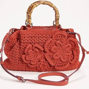 Patricia Nash Cantinella Crochet Bag with Bamboo Handles in Papaya. MSRP $229